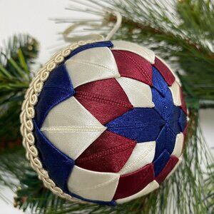 Vintage Christmas Ornament Red White Blue Woven Ribbon